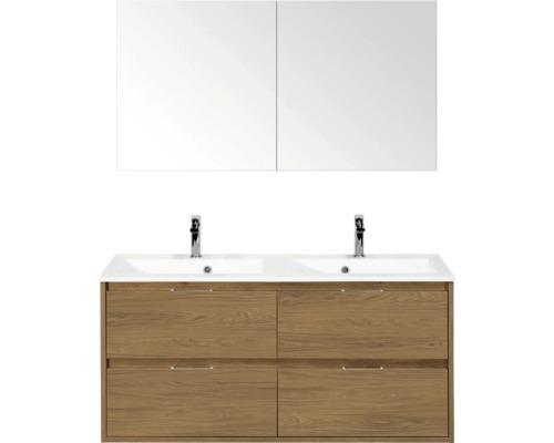 SANOX Badkamermeubelset Porto eiken 120 cm met vier lades incl. dubbele kunststenen wastafel met twee kraangaten en spiegelkast Wastafelmeubel met twee wastafels, onderkast met lades en spiegelkast