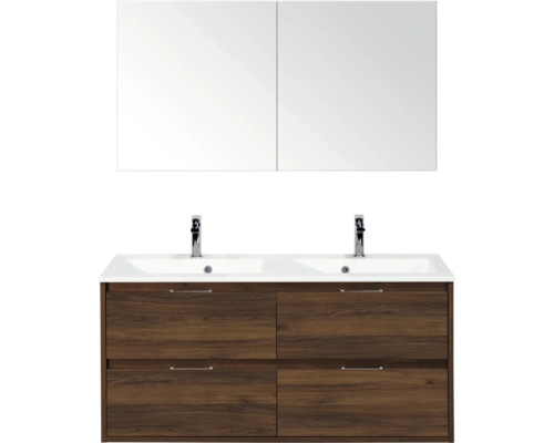 SANOX Badkamermeubelset Porto walnoot 120 cm met vier lades incl. dubbele kunststenen wastafel met twee kraangaten en spiegelkast Dubbele wastafel met onderkast en spiegelkast voor de badkamer