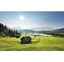 Landschap met weiland, meer en houten huisjes