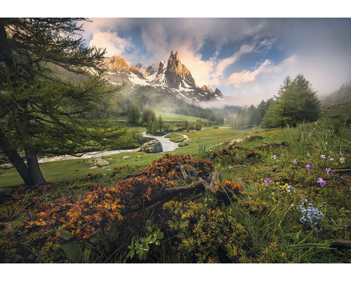 KOMAR Fotobehang vlies SHX8-133 Wanderlust - Stefan Hefele The Last Paradise 400x280 cm Berglandschap met rivier, weiden en bomen