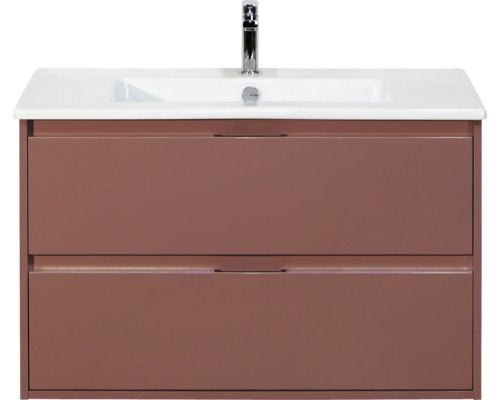 SANOX Badkamermeubelset Porto roest rood 90 cm met twee lades incl. keramische wastafel met één kraangat Wastafelonderkast met twee laden en opzetwastafel