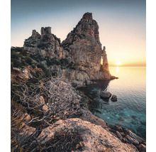 Landschap met rotskust en zonsopgang boven de zee