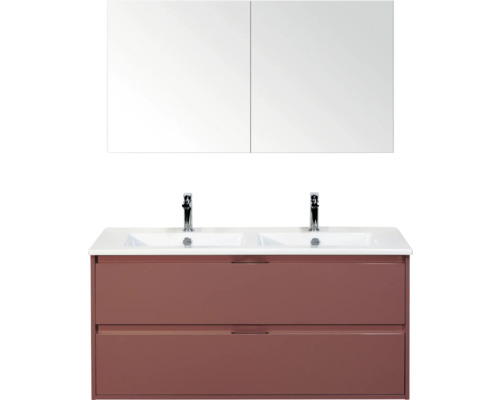 SANOX Badkamermeubelset Porto roest rood 120 cm met twee lades incl. dubbele keramische wastafel met twee kraangaten en spiegelkast Wastafelmeubel met twee wastafels, onderkast met twee laden en spiegelkast