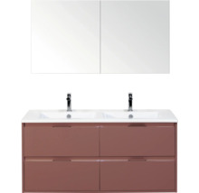 Wastafelonderkast met twee wastafels, kranen en spiegelkast