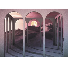 Illustratie met woestijnlandschap, maan en zuilbogen