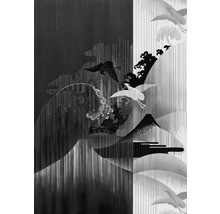 Grafische afbeelding met bergen, kraanvogels en gestileerde elementen