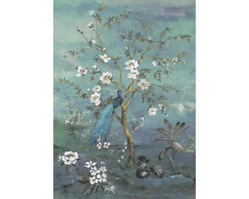 Decoratieve muurschildering met pauw en bloemmotief