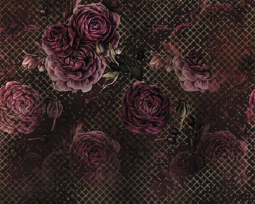 Behang met rozenpatroon en rasterstructuur