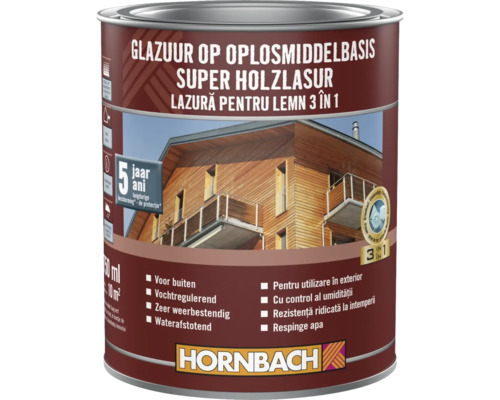 Houtbeits op basis van oplosmiddelen in metalen emmer met Hornbach-logo