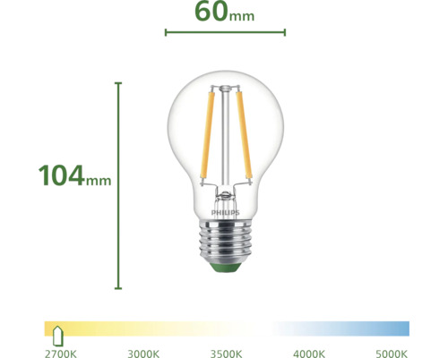 PHILIPS LED-lamp Ultra-efficiënt E27 A60/40 watt 2700K warmwit helder Philips Logo. Heldere ledlamp met de afmetingen 104 mm x 60 mm.