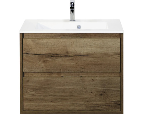 SANOX Badkamermeubelset Porto tabacco 70 cm met twee lades incl. kunststenen wastafel met één kraangat Wastafelonderkast met twee laden en opzetwastafel