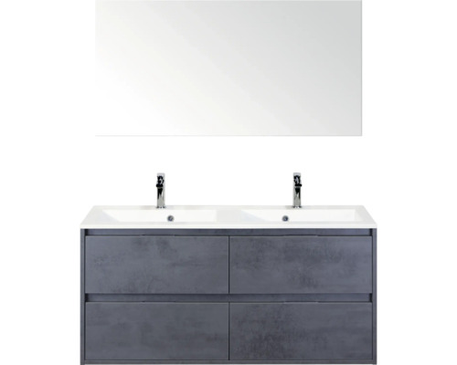 SANOX Badkamermeubelset Porto beton antraciet 120 cm met vier lades incl. dubbele kunststenen wastafel met twee kraangaten en spiegel Dubbele wastafel met spiegel en onderkast voor de badkamer