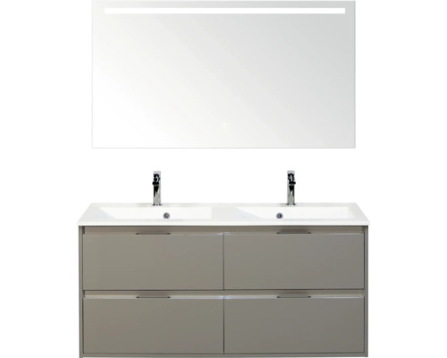 SANOX Badkamermeubelset Porto cubanit grey 120 cm met vier lades incl. dubbele kunststenen wastafel met twee kraangaten en spiegel met verlichting Badkamermeubelset met wastafel, onderkast en verlichte spiegel