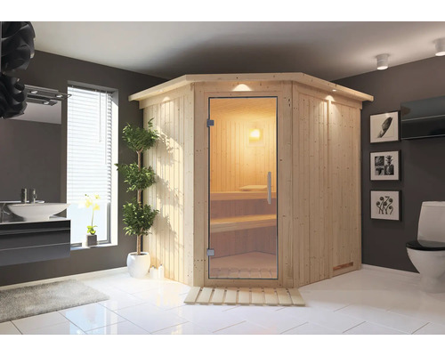 Badkamer met hoeksauna van hout en glazen deur