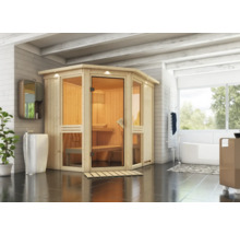 Houten sauna met glazen deur in een badkamer met wastafel en bad.