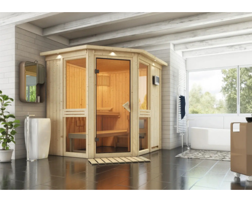 Houten sauna met glazen deur in een badkamer