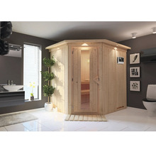 Lichte houten sauna met glazen deur in een badkamer