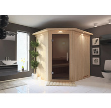Badkamer met houten hoeksauna met glazen deur, wastafel en toilet