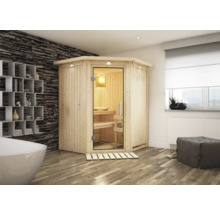 Houten sauna met glazen deur in een badkamer met houten vloer