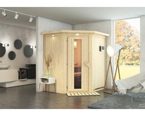 Lichte houten sauna met glazen deur in moderne badkamer