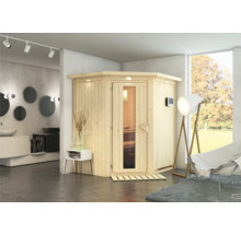 Houten sauna in badkamer met glazen deur en digitaal bedieningspaneel