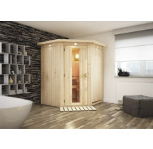 Houten sauna met glazen deur in een badkamer