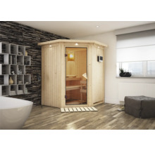 Houten sauna met glazen deur in een badkamer