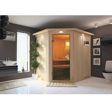 Hoeksauna in badkamer met wastafel, toilet en decoratie