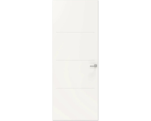 Gladde binnendeur met horizontale decoratieve freeslijnen en deurklink