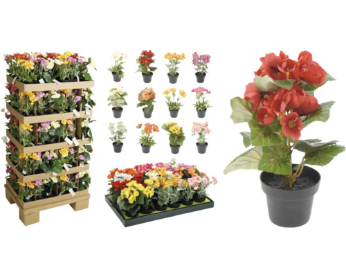 Diverse kunstbloemen in pot en op een plank.