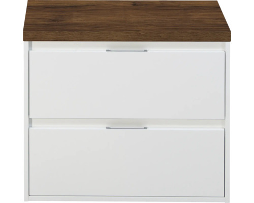 SANOX Badkamermeubelset voor waskom Porto hoogglans wit 70 cm met twee lades incl. bovenblad walnoot Commode met twee laden en houten blad