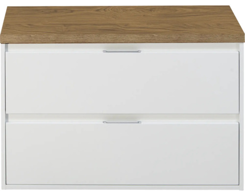 SANOX Badkamermeubelset voor waskom Porto hoogglans wit 90 cm met twee lades incl. bovenblad honey Wastafelonderkast met twee laden en houten blad