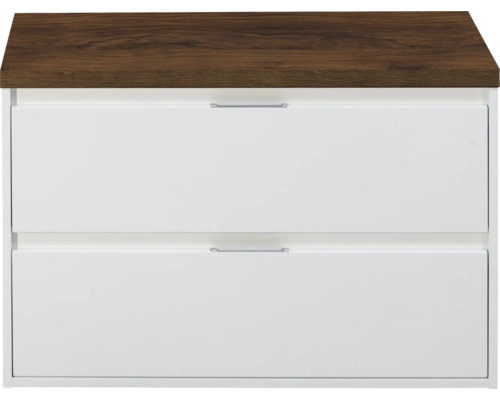 SANOX Badkamermeubelset voor waskom Porto hoogglans wit 90 cm met twee lades incl. bovenblad walnoot Wastafelonderkast met twee laden en een plank