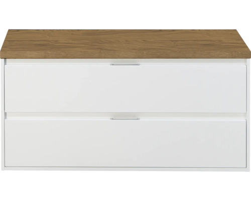 SANOX Badkamermeubelset voor waskom Porto hoogglans wit 120 cm met twee lades incl. bovenblad honey Onderkast met twee laden en een houten blad