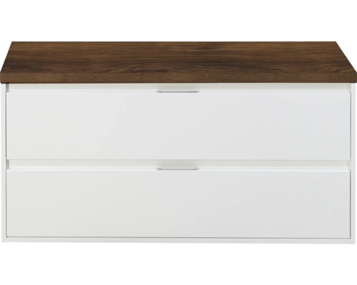 SANOX Badkamermeubelset voor waskom Porto hoogglans wit 120 cm met twee lades incl. bovenblad walnoot Wastafelonderkast met twee laden en houten blad