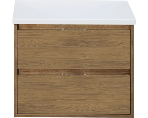 SANOX Badkamermeubelset voor waskom Porto eiken 70 cm met twee lades incl. bovenblad wit mat Wastafelonderkast met twee laden en witte afdekking