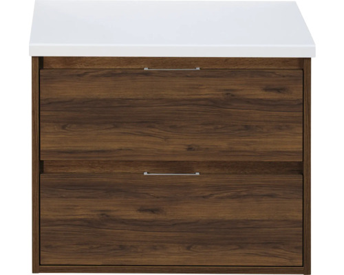 SANOX Badkamermeubelset voor waskom Porto walnoot 70 cm met twee lades incl. bovenblad wit mat Wastafelonderkast met twee laden en wastafelblad