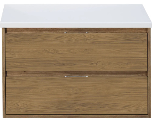 SANOX Badkamermeubelset voor waskom Porto eiken 90 cm met twee lades incl. bovenblad wit mat Wastafelonderkast met twee lades en blad