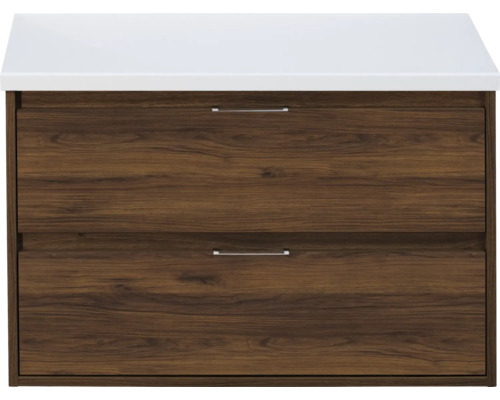 SANOX Badkamermeubelset voor waskom Porto walnoot 90 cm met twee lades incl. bovenblad wit mat Wastafelonderkast met twee laden en wastafel