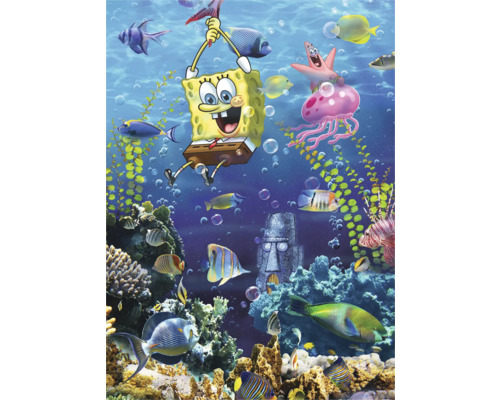 Illustratie van een onderwaterwereld met Spongebob Squarepants, Patrick Star en diverse vissen