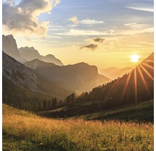Berglandschap met zonsopgang en weiland