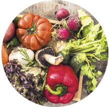 Groenteselectie in een houten kist, waaronder tomaten, radijs, selderij, courgette, paprika en sla
