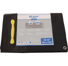 Zwart afdekzeil met geel bevestigingstouw, 12 vierkante meter, 3 meter bij 4 meter