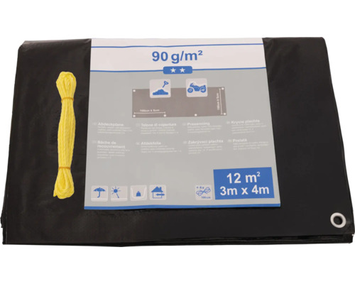 Zwart afdekzeil met geel bevestigingstouw, 12 vierkante meter, 3 meter bij 4 meter