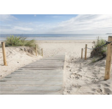 Houten steiger leidt naar het strand met zandduinen en zee