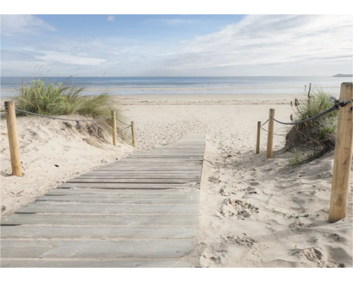 Houten steiger leidt naar het strand met zandduinen en zee