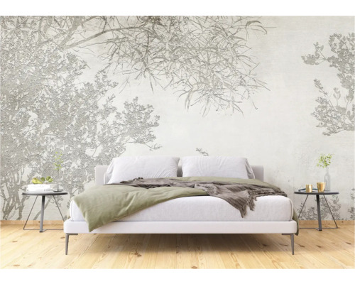 Slaapkamer met fotobehang met bloemmotief en tweepersoonsbed