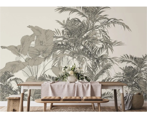 Interieurscène met eettafel, banken en een fotobehang met tropisch plantenmotief