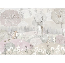 Illustratie van een bosscène met herten, hazen, vos en andere dieren