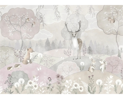 Illustratie van een bosscène met herten, hazen, vos en andere dieren